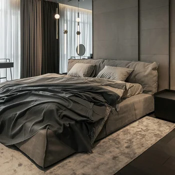 Moderný jednoduchý handričkou posteľ king bed spálňa technológie handričkou posteľ Nordic luxusný taliansky štýl mäkká posteľ