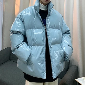Muži Streetwear Hip Hop Modré Zimné Bubble Vesty Kabát 2021 Mens Harajuku Teplá Vetrovka Muž Kórejský Módy Puffer Bunda Lesklý 14
