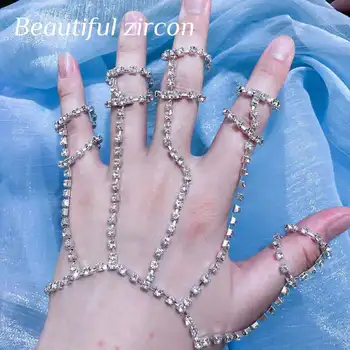 Móda ženy Drahokamu strapec náramok, prsteň svieti crystal plný prst reťazca Svadobné Šperky Náramok fáze výkonu prístup 6
