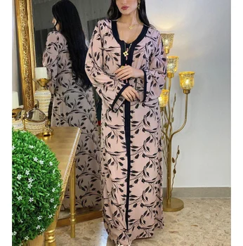 Na blízkom Východe Ramadánu Tlač Dlho Kvetinové Šaty Abaya Dubaj Moslimských Žien Nosiť Ružové 15