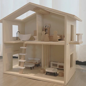 Najnovšie DIY Drevený domček pre bábiky zrubovej Architektúry Bábika Domy Mininatures Nábytkom, Hračkami pre Deti Priateľ Narodeniny Darček