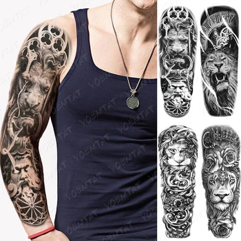 Nepremokavé Dočasné Plný Arm Tattoo Nálepky Lev Hodiny Rose Flash Tetovanie Mužské Stehno Atrament Body Art Veľké Falošné Rukáv Tatto Ženy 4
