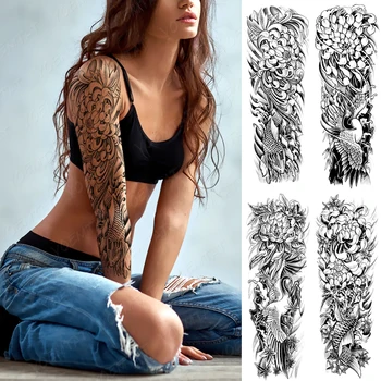 Nepremokavé Dočasné Tetovanie Nálepky Koi Žeriav Chryzantéma Starovekej Čínskej Body Art Falošné Tetovanie Muži Ženy Veľké 3D Šťastie Tetovanie 9