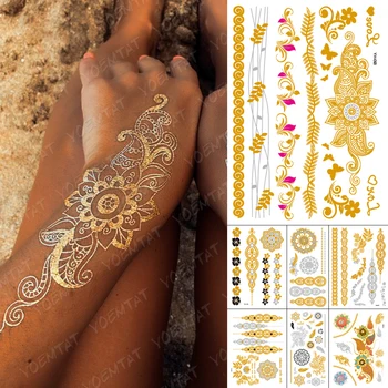 Nepremokavé Dočasné Tetovanie Nálepky Kvety Mandala Henna Zlato Strieborné Kovové Flash Tetovanie Boho Lotus Šperky Lesk Body Art 17
