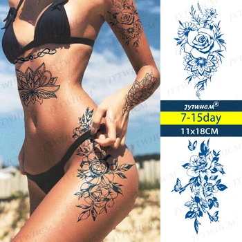 Nepremokavé Dočasné Tetovanie Nálepky Šťavy Modrý Atrament Sexy Kvet Tetovanie Geometrie Body Art Falošné Tetovanie Ženy Muži Udržiavať 7 Až 15 Deň 18