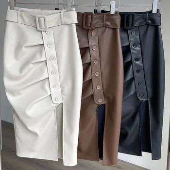 Nový príchod jeseň fashion pu kožené split sukne ženy vysoký pás package hip koleno dĺžke ol ceruzku sukne 4
