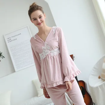 Nový štýl sleepwear flanelové pyžamá dlhý rukáv teplé pyžamá pre ženy pohodlné a pekné ženy pyžamo nastaviť pevné sexy pyžamo 18