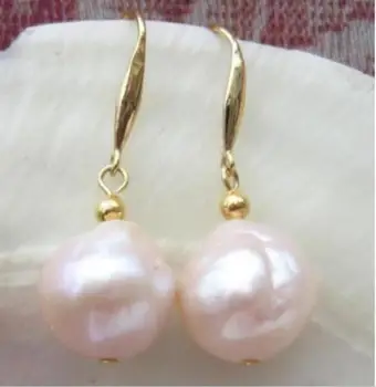 Nádherný AAA+++ 12mm prírodné južné more ružové zlato barokový pearl náušnice 14k/20 zlato 9