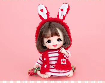 OB11 doll oblečenie móda červená králičie uši kabát s kapucňou + univerzálny pletené pruhované šaty dvoch-dielny super rozkošný roztomilý oblek 4