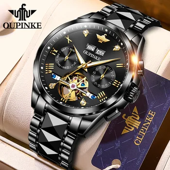 OUPINKE Pôvodné Automatické Hodinky pre Mužov Mechanické Sapphire Crystal Svetelný Nepremokavé Duté náramkové hodinky Kožený Remienok 18