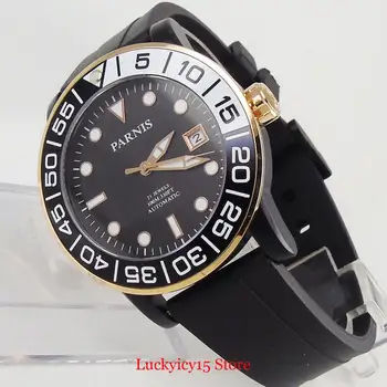 PARNIS Luxusné Black Dial 42mm Automatické Mužov Náramkové hodinky Zafírové Sklo Dátum Funkciu Gumy Popruh Automatický Pohyb 18
