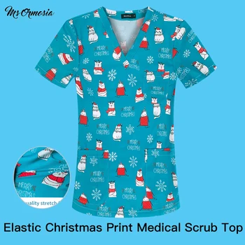 Plus Vianočné Drhnúť Tričko Sestra Jednotné Ženy Krátke Rukáv V krku Topy Cute Santa Claus Tlač Lekárske Uniformes Clinicos Unisex 2