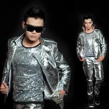 Pánske strieborné nit motocykel kožené nočný klub kórejský spevák bunda kostýmy mužský spevák, tanečník zobraziť DJ vrchné oblečenie kabát oblečenie 16