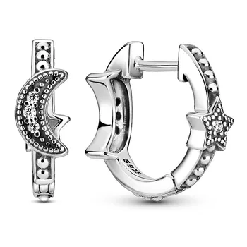 Pôvodné Šumivé Crescent Moon & Hviezdy Korálkové Hoop Náušnice Pre Ženy 925 Sterling Silver Darček Módne Šperky