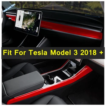 Red / Carbon Fiber Vzhľad Centra Ovládanie Nástroja Kryt Radenie Okno Bočné Pásy Dekoratívne Výbava Pre Tesla Model 3 2018 - 2021 3