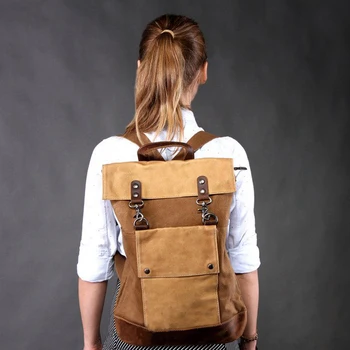 Retro dámy nepremokavé notebook batoh študent školy taška veľká-kapacita plátno hornej vrstvy cowhide multifunkčná cestovná taška 12
