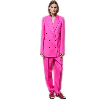 Ružové dámske Oblekoch, Formálne žena Úrad Práce Nosiť 2 Ks Súpravy Dvojité Breasted Slim Jednotné Vzory Sako Zákazku