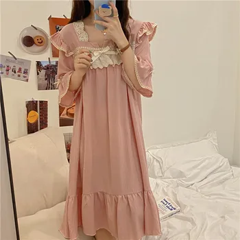 Ružové Letné Nightgown Kórejský Čipky Luk Námestie Golier Sleepwear Voľné Vintage Sladké Volánikmi Bavlna Domáce Oblečenie, Kórejčina
