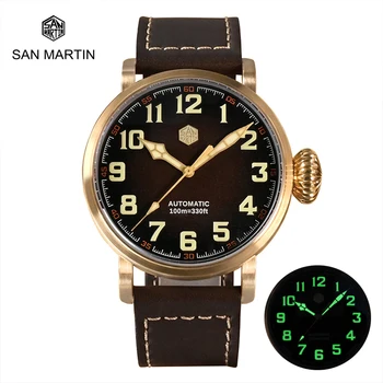 San Martin Bronz Pánske Hodinky Mechanické Automatické Vietor Náramkové hodinky YN55A Pohyb CuSn8 Prípade Sapphire C3 Svetelný Kožený Remienok 8