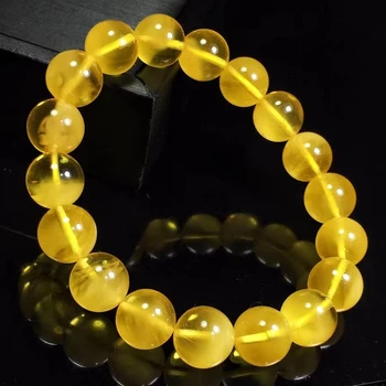 Skutočné Prírodné Žltá Žltá Okrúhle Korálky Bracele Ženy Muži Uzdravenie Úsek 10.7 mm drahých kameňov, Jantár Vzácne Šperky AAAAAA 11