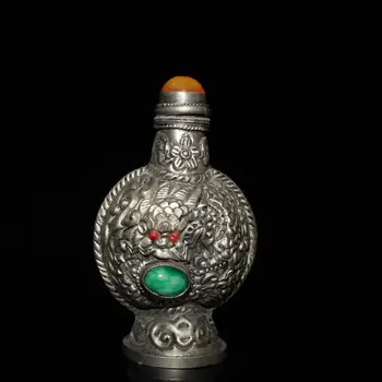 Starožitný Staré QingDynasty rezbárstvo siver&Emerald šnupavý tabak fľaše, ručné práce,najlepšie zber a ozdoby,doprava zdarma
