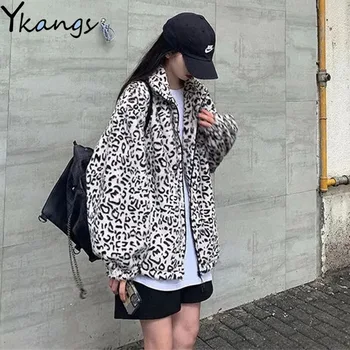Streetwear Leopard Tlač Voľné Umelú Kožušinu Kabát Ženy Harajuku Študent Jeseň Základné Bundy Zimné Teplé Zips Klope Outwear Žena 4