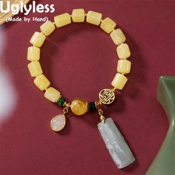 Uglyless Osobné Prírodný včelí vosk Žltý Barel Korálky, Náramky pre Ženy Jadeite Bambusu Charms Luxusné Šperky Elastické Lano 17