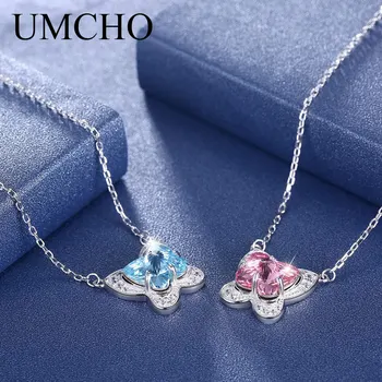 UMCHO Motýľ Reálne 925 Sterling Silver Náhrdelník, Ružové a Modré Crystal Reťazca Náhrdelníky Pre Ženy Romantický Svadobný Dar, Jemné Šperky