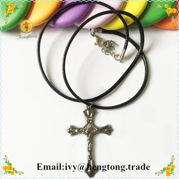 Veľkoobchod vintage pozlátené striebro hliníkový kríž, Ježiš náboženské ruženec náhrdelník prívesok & charms voskom kábel 6