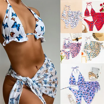 Veľkoobchod Žien Sexy Tri Kusy Plavky s uväzovaním za Bikini Set Lady Butterfly Tlač Plavky s Krytom Letné Plážové oblečenie 12