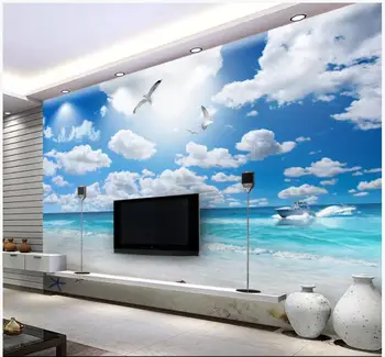 Vlastné foto tapety na steny 3 d nástenné maľby Nové stredozemného mora Modrá obloha, biele mraky, pláž, seascape, 3D TV pozadí na stenu