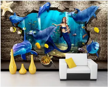 Vlastné fotografie, 3d tapety Ocean World Dolphin Korytnačka Morská víla Tehlovej Steny miestnosti domova 3d nástenné maľby, tapety na steny, 3 d 15