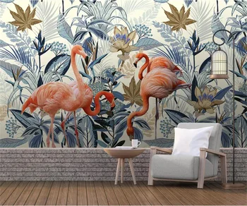 Vlastné tapetu 3d nástenná maľba Európskej ručne maľované tropických rastlín, flamingo bezšvíkové pozadí nástenné maľby, 3d tapety 4