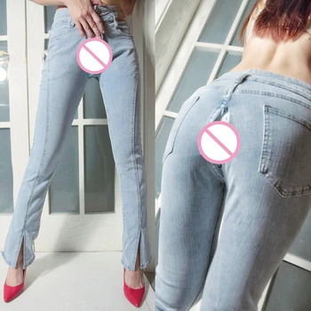 Vonkajšie Sex Nohavice Pre Ženy Skryté Dvojité Zipsy Džínsové Nohavice Oblečenie Vysokej Kvality Otvoriť Crotchless Modrá Hosen Džínsy Plus Veľkosť