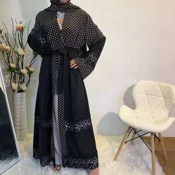 Wepbel Turecká Islamská Cardigan Moslimských Abaya Čiernej Čipky Maxi Abaya Kimono Šitie Polka Dot Dress Ženy Dubaj Kaftane Župan 12