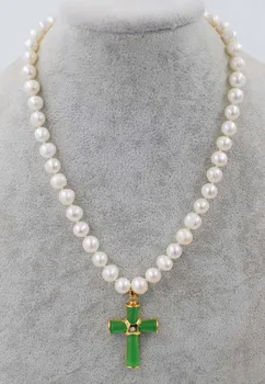 wow! sladkovodné perly v blízkosti kolo biela 8-9 mm náhrdelník +zelená jades cross prívesok 18