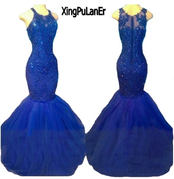 XingPuLanEr vestido de formatura Morská víla Kráľovská Modrá Čipky Appliqued Prom Šaty Formálne Večerné Šaty na Zákazku Plus Veľkosť