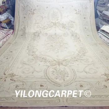 Yilong 12'x18' nadrozmerná biely francúzsky aubusson ručné ploché tkané vlnené koberce (Au27-12x18) 6