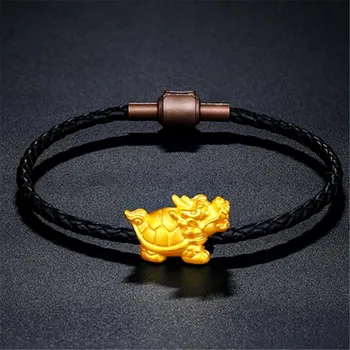 Čistý 24K 999 Žlté Zlato Náramok 3D Žehnaj Dragon Korytnačka Čierne Kožené Muži Ženy Náramok 15