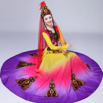 Čínske ľudové tanečné kostýmy, karnevalové farebné šaty sin-ťiangu Uygur tanečné oblečenie národnej štýl festival stage výkon nosenie