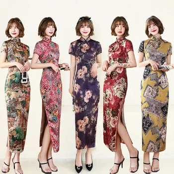Šanghaj Príbeh Čínske Šaty Dlhé Cheongsam Kvetina Tlače Qipao pre Ženy 8 Farba 12