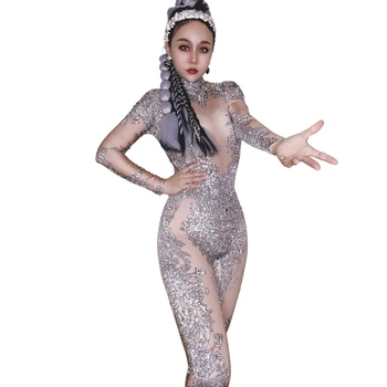 Žena Luxusné Módne Oblečenie Lesklé Diamond Strieborných Priliehavých Kombinézach Jeden Kus Lady Jumpsuit pre nočný klub Narodeninovej Party Šaty 5