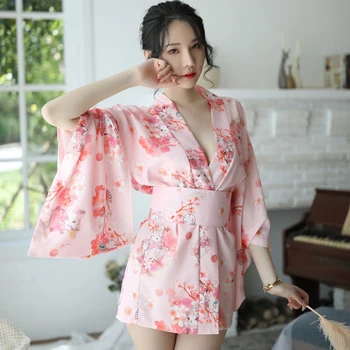 Ženské Japonský Sexy Roztomilý Krátke Tlač Mačka Luk Kimono Župan Jednotné Nightgown Nightdress Nastaviť 16