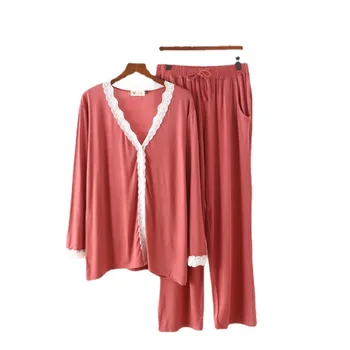 Ženské Pijamas Jeseň Veľké Veľkosti Modálne tvaru Čipky Cardigan Nohavice Pyžama Nastaviť Bežné Domáce oblečenie dvojdielne Pyžamo Oblek 13
