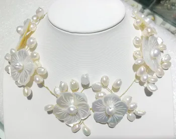 Ženy Klasické Šperky biele prírodné perly 6 kvet shell handmade módy Choker náhrdelník 40 cm 16