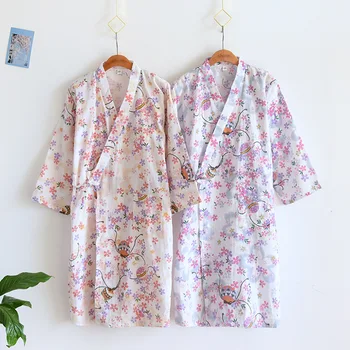 Ženy Lete Vaňa Župan Bavlna Gázy Kimono Sleepwear Tri Štvrtiny Kvetinový Tlač Dlhé Rúcha Voľné Tenké Ružové Domáce Oblečenie 2021