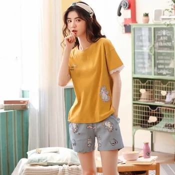 Ženy nového bavlna kórejský letné dámske pyžamo cartoon krátke šortky tenký kus dvoch žien pajama sady pajama nastaviť pyžamá 17