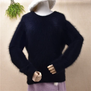 ženy oblečenie žien chlpaté angorského vlasy pletené o-krk dlhý rukáv štíhly pás voľné pulóver noriek cashmere jumper sveter 8