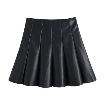 Ženy Skladaná Sukňa Mini Sukne Dámske 2021 Módne PU Kožené Bežné Vysoký Pás Riadok Sukne Strane Zips Faux Kožené Sukne 13
