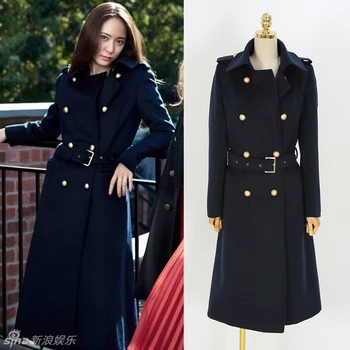 ženy zimné jeseň dvojité breasted vlna zmesi kabát, tmavo modrá dlhý rukáv bundy ženy vlnené kabát 16